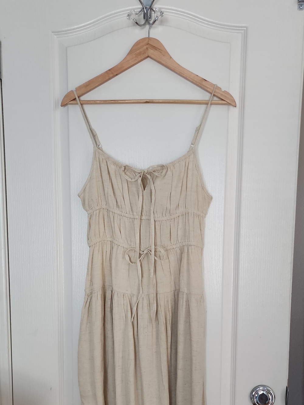 Tiered Spaghetti-Strap Maxi Dress With Tie-Front Light Beige